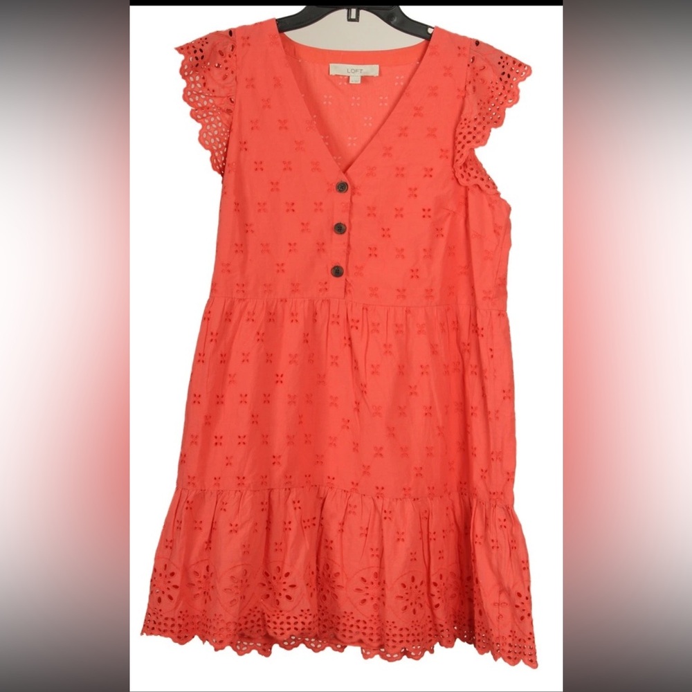 Loft Dress Women’s 4 Orange Shift Short Sleeve Eyelet Pullover Lined 100% Cotton